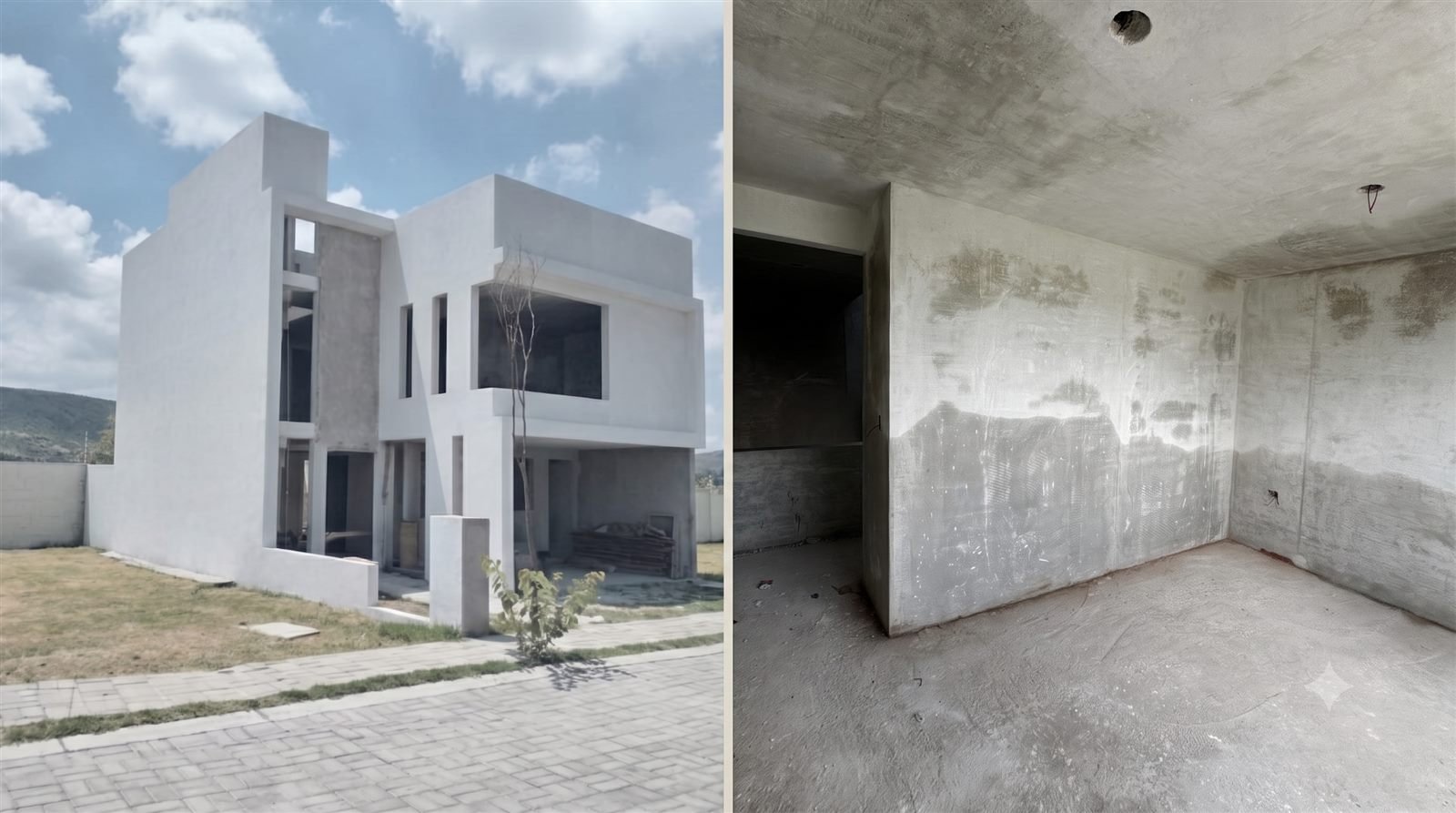 Fachada e interior de casa en obra gris
